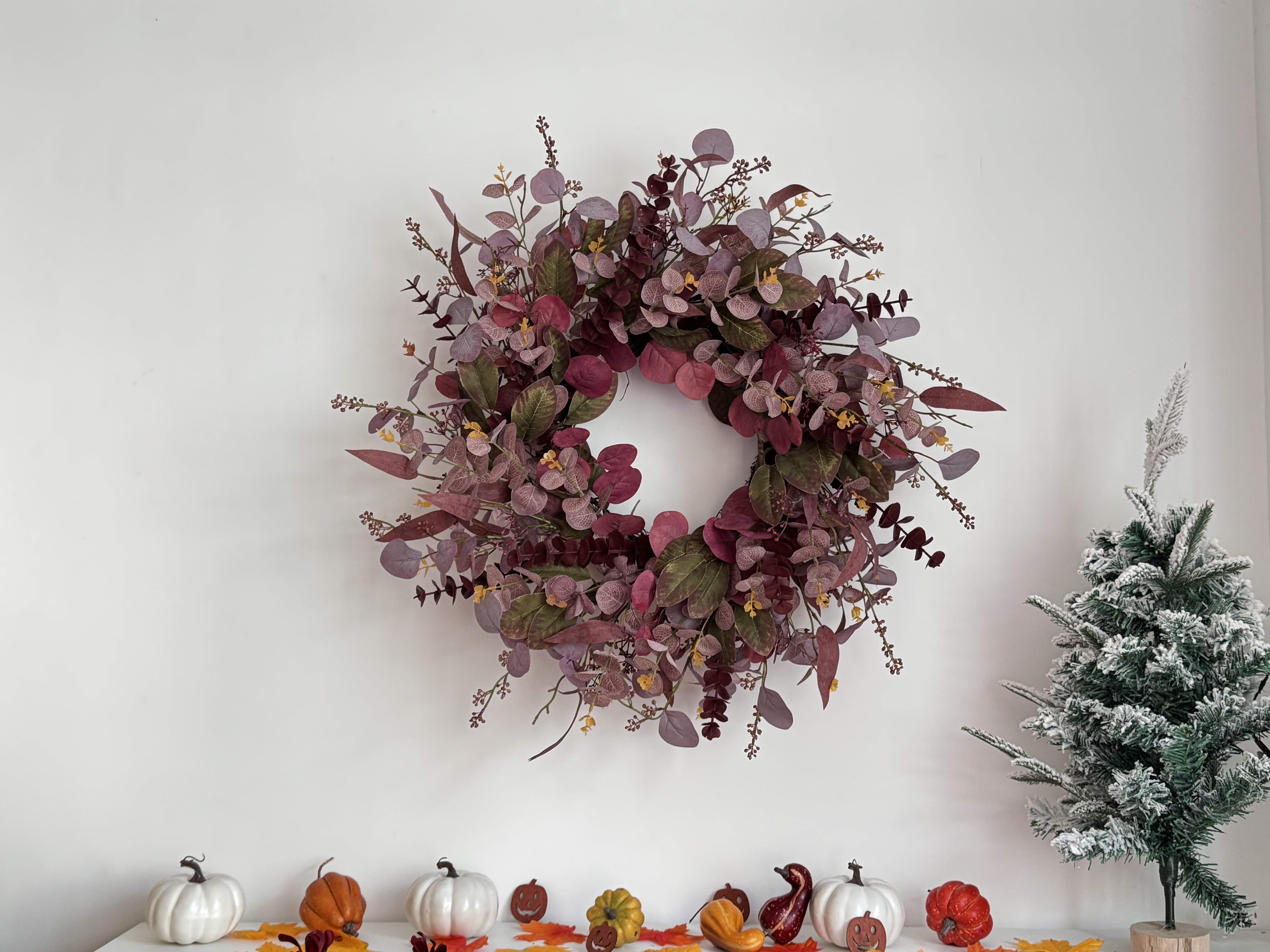 Close view of the layered Mulberry Eucalyptus Wreath